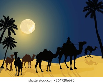 illustration with camels group in yellow heat desert