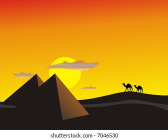 Illustration of Camels walking in desert sunset, pyramids in background. Travel concept.