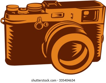 Illustration of a camera with 35mm lens vintage style set on isolated white background done in retro woocut style. 