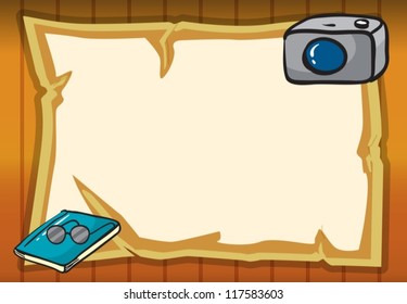 illustration of a camera, a book and a spectacle in yellow background