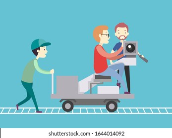 Illustration of Camera Crew People, A Camera Operator Working with Camcorder on Rails and Dolly and Another Man Pushing the Dolly in Film Making