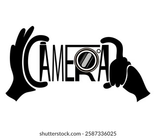 Illustration of the camera. He is depicted in the form of the word "camera", his hands are holding him. Vector illustration in black isolated on a white background