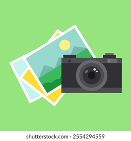 Illustration of camera icon with photos. Professional photography concept.