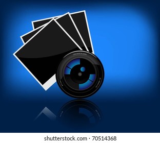 Illustration of camera lens and a photo on a dark background. Vector.