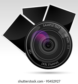 illustration of camera lens with photograph against white background