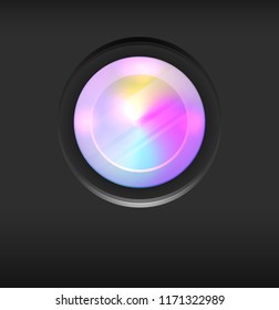 Illustration of a camera lens with rainbow divorces on dark background. Vector element for articles, banners and your creativity