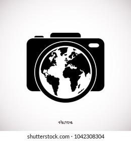 Illustration of camera lens with reflecting globe on a white background. Vector