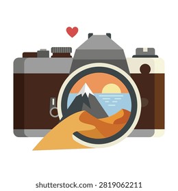 Illustration of camera with magnifying lens showing mountain landscape at sunset