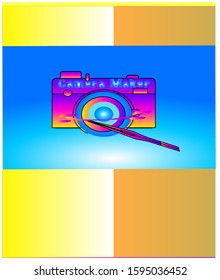 Illustration Camera maker by Pen tool. Lens. Abstract Designer. Isolated Blue Background
