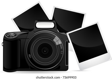 illustration of camera with photograph against white background