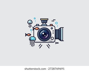 Illustration of camera surrounded by sea creatures