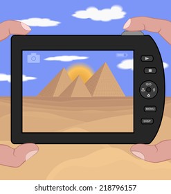 illustration of a camera taking pictures of the pyramids