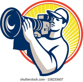 illustration of a cameraman film crew shooting with hd video movie camera set inside circle done in retro style on isolated white background.