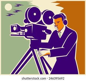 Illustration of a cameraman filmmaker moviemaker with vintage movie camera done in retro style.