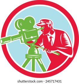 Illustration of a cameraman movie director with filming vintage camera shooting looking into lens viewed from the side set inside circle done in retro woodcut style.