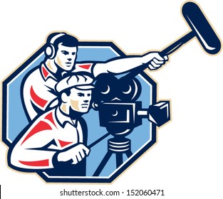 Illustration of a cameraman with vintage film movie camera and soundman worker with headphone holding a telescopic microphone boom done in retro style.