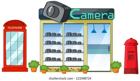 Illustration of a camerashop on a white background