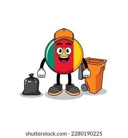 Illustration of cameroon flag cartoon as a garbage collector , character design