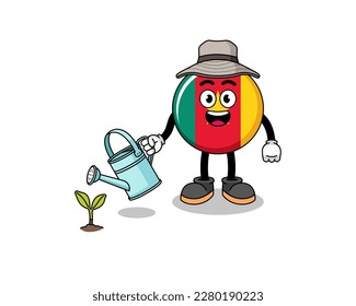 Illustration of cameroon flag cartoon watering the plant , character design