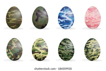 Illustration of camouflage colored easter eggs on a white background