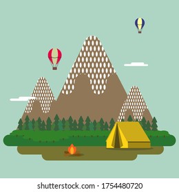 An illustration of a camp. Camping yellow tent and camp fire with mountains and trees and colorful balloons in the background.