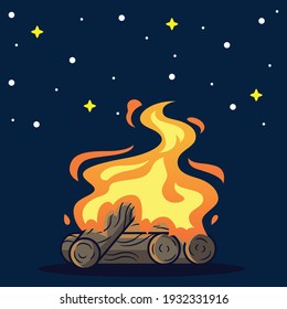 Illustration Of Camp Fire With Stars Cartoon. Symbol Vector Icon Illustration, Isolated On Navy Background