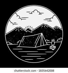 illustration of camp in the mountains in white. Illustration design for apparel products, mugs and wall posters