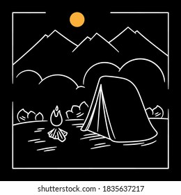 illustration of camp in the mountains with white outline color. Illustration design for apparel products, mugs and wall posters