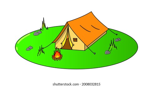 illustration of camp with orange tent and green ground on isolated background
