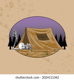 illustration of a camp scene with a skull lying on a tent, this spooky cartoon illustration can be used as an emblem, sticker or t-shirt design