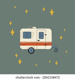 Illustration of a Camper RV. Trailer for a roadside house in the circle of stars doodle. A caravan,a vehicle for recreation and travel. Vector illustration