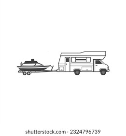 illustration of camper van and boat trailer.