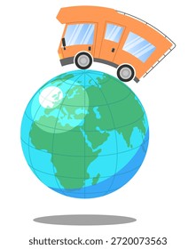 Ilustración de una furgoneta camper conduciendo en el planeta Tierra. Un símbolo de viaje, libertad y aventura. Vector gráfico adecuado para temas de vacaciones, turismo, viajes por carretera, caravanning, exploración global o viajes ecológicos.
