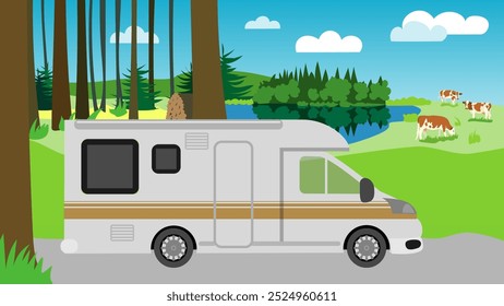 Ilustración de una camioneta frente a un paisaje verde con prados, bosques y un lago