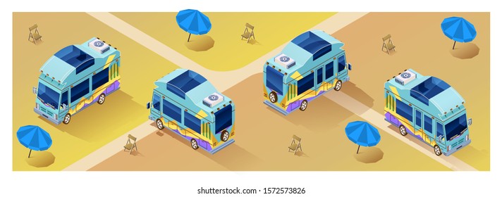 Illustration with camper van isometric. Four projections of a camper van in isometry. Isolated Vector.
