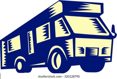Illustration of a camper van motor home viewed from front on low angle on isolated white background done in retro woodcut style.