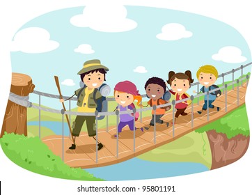 Illustration of Campers Crossing a Hanging Bridge