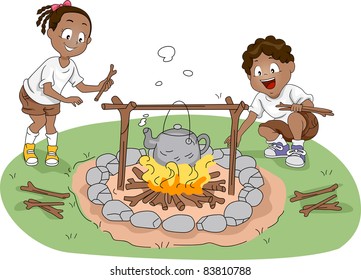 Illustration of Campers / Siblings Boiling Water