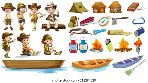 Illustration of the campers and the things used during camping on a white background