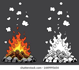 Illustration of campfire in 2 versions: colored and black and white. 

