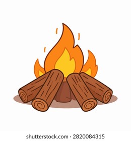 Illustration of a campfire with burning logs, flames, and smoke, ideal for outdoor camping, nature, and adventure themes.