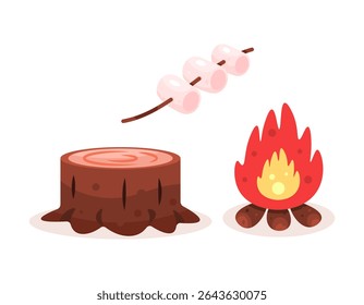 illustration of campfire, tree stump, and marshmallow. marshmallow food skewered on a wooden stick. flat style design. fall season asset elements. collection or set of stickers or clip art