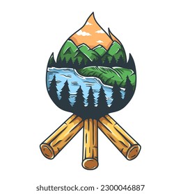 illustration of a campfire, views of the lake, forest and mountains in it