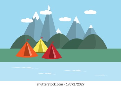 Illustration camping, adventure in the pine forest and mountains