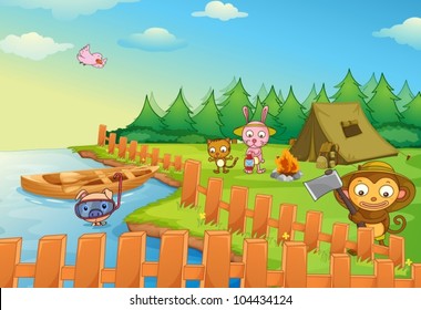 Illustration of camping animal characters