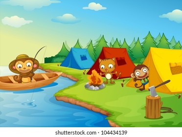 Illustration of camping animal characters