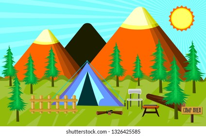 illustration of a camping area with mountain background during the day