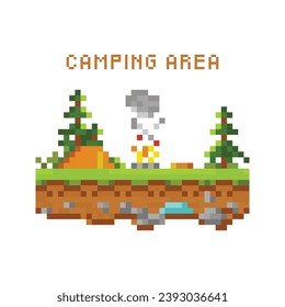 Illustration of a camping area in pixel style. Perfect for gamers who like the pixel style. Suitable for designing t-shirts, jackets, hoodies, bags, etc.