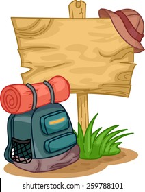 Illustration of a Camping Bag Sitting Beside a Wooden Sign