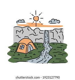 Illustration camping by waterfall. Vector design on white background